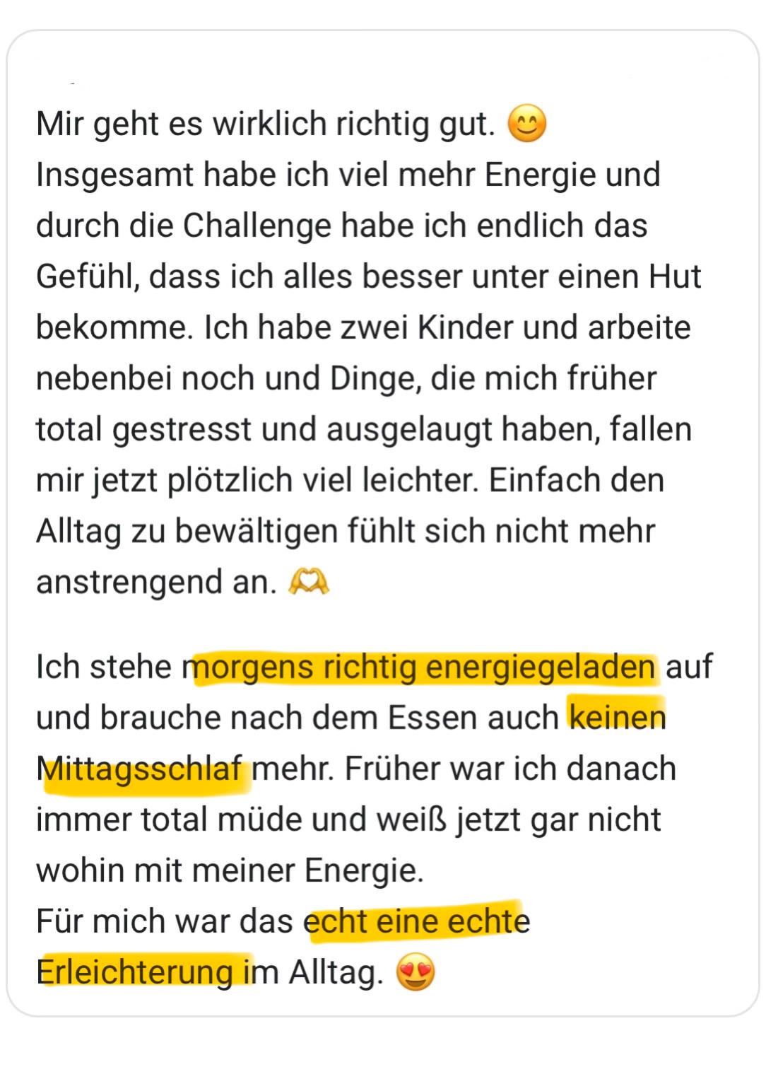 Testimonial — haben kein Mittagstief mehr und spürbar mehr Energie